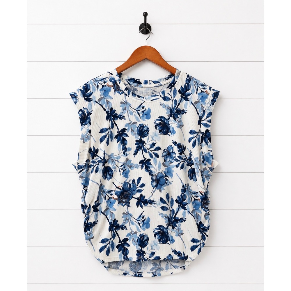 Rachel Roy Blue Floral Sleeveless Ribbed Top Size M Ruched Sides